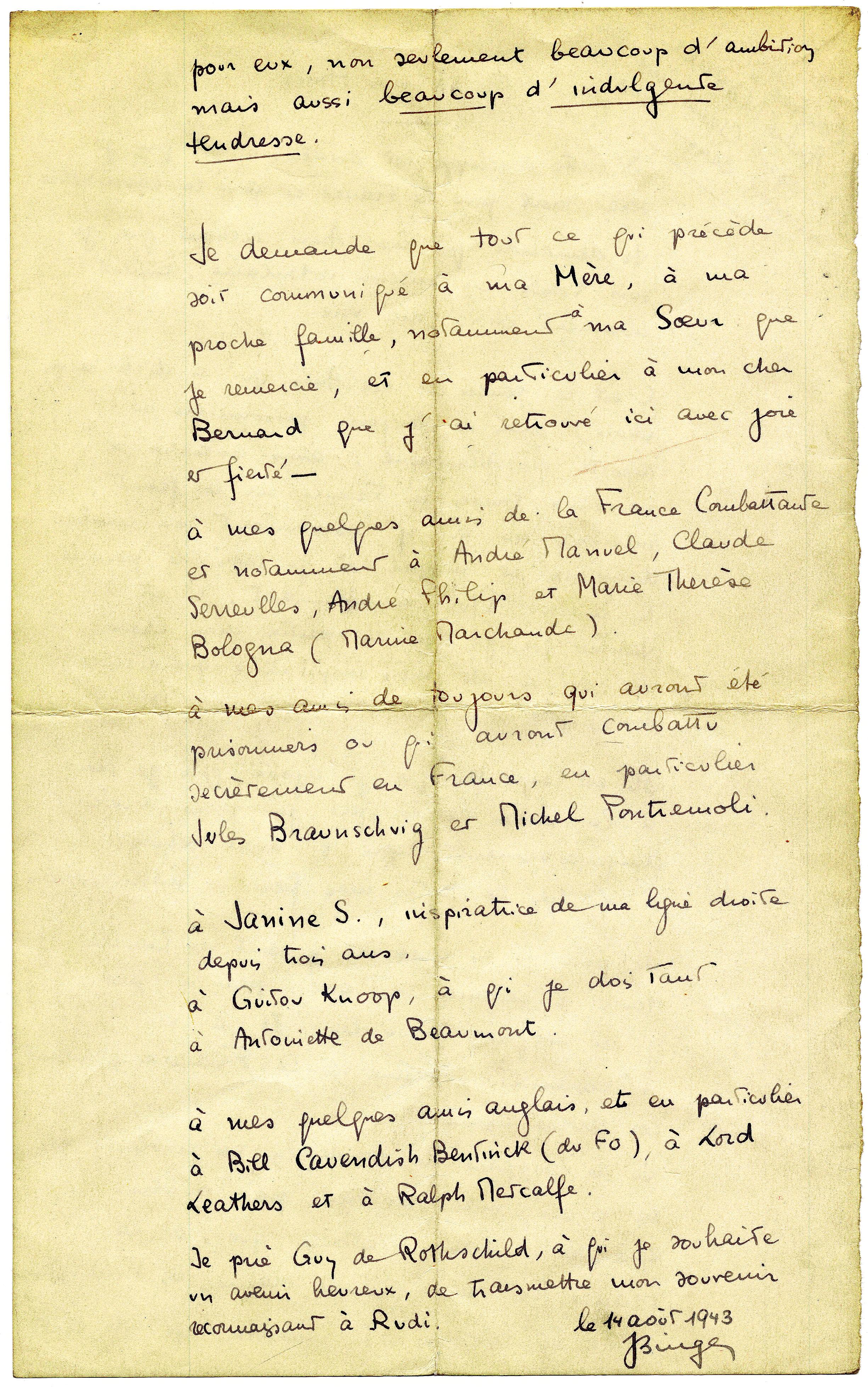 « Lettre à mes amis » écrite par Jacques Bingen le 14 août 1943.
